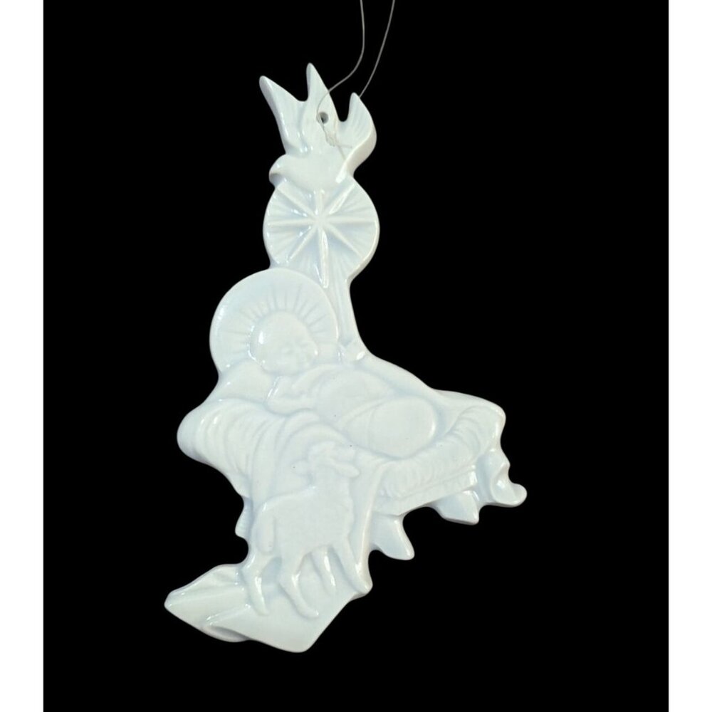vintage White Ceramic Nativity‎ Scene Christmas Ornament 5" With Luke 2 Verse